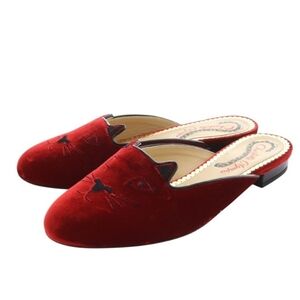 Charlotte Olympia Women's Kitty Embroidered Velvet Mules